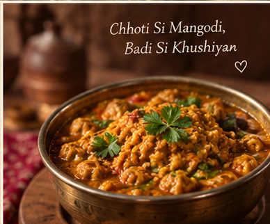 Piping Hot Rajasthani Mangodi ki Sabzi in Brass Handi Bowl