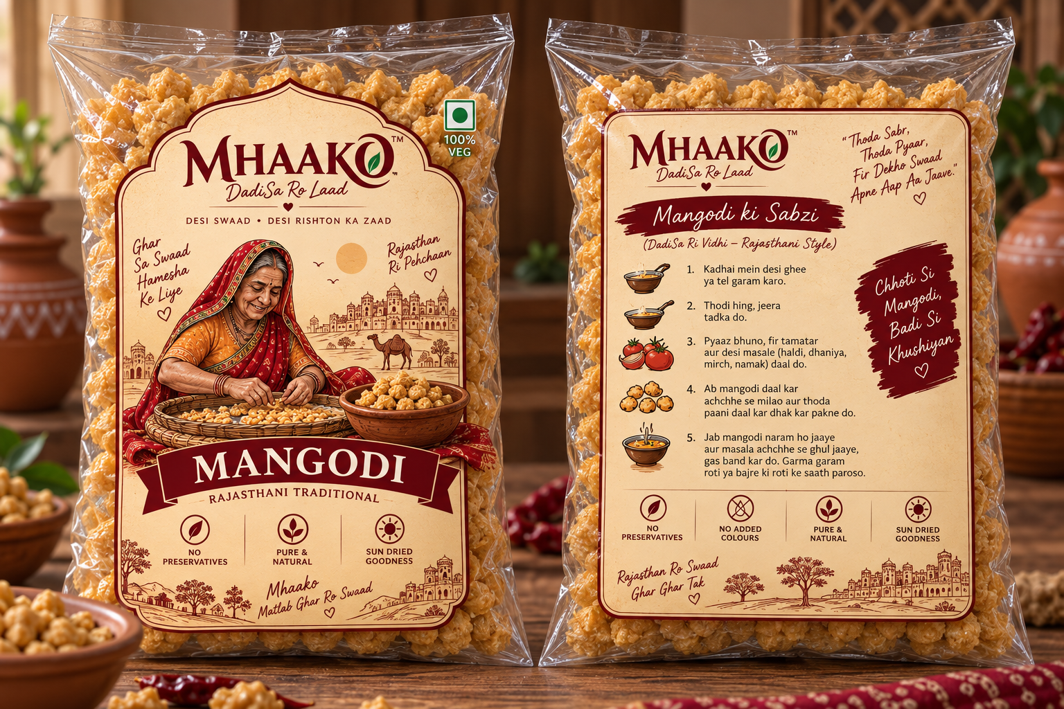 MHAAKO Traditional Rajasthani Dal ki Mangodi Packaging - Front and Back